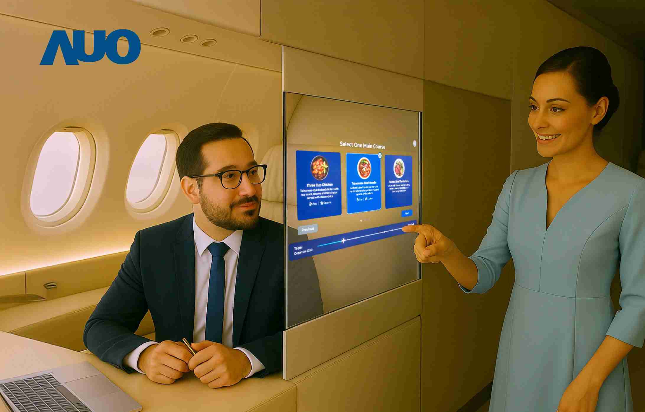 传奇国际研发全球最薄17.3 吋双面透明 Micro LED 显示器，，，，可在同一屏幕之双边投射不同信息，，，，创造独特的”透明化”互动；图为实时翻译交流应用情境